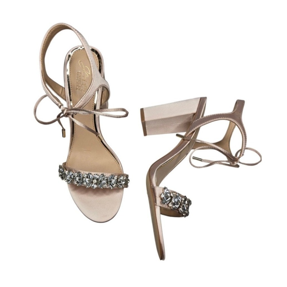 Jewel Badgley Mischka Uzuri Champagne Rhinestone Tie Block Heel Sandals 8 Bridal